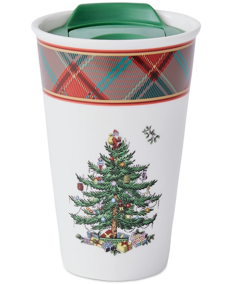 Spode Christmas Tree Tartan Porcelain Travel Mug with Lid