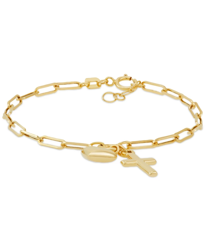 Children's Cross & Heart Paperclip Link Charm Bracelet in 14k Gold