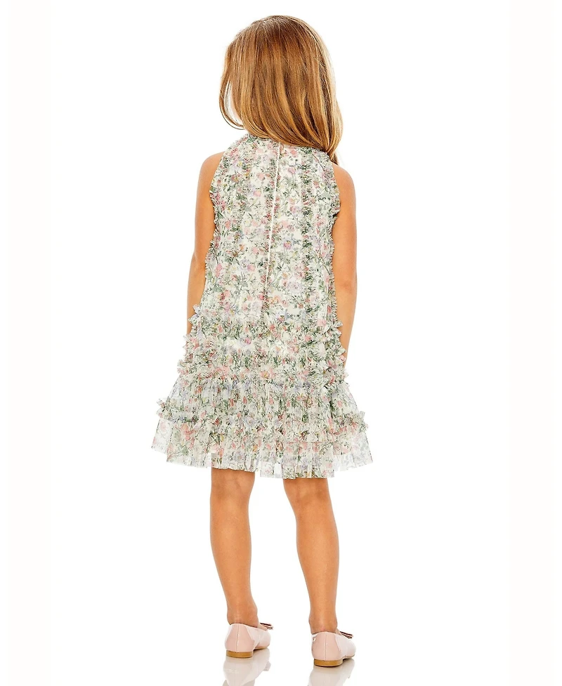 Mac Duggal Little Girls Mesh Floral Print A-Line Dress