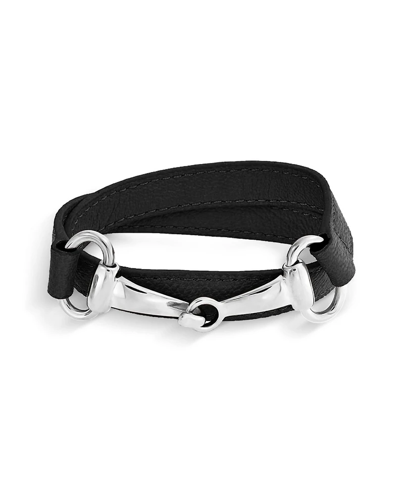 Bling Jewelry Fashion Leather Equestrian Snaffle Horse Bit Double Layer Wrap Bracelet Silver Tone Stainless Steel