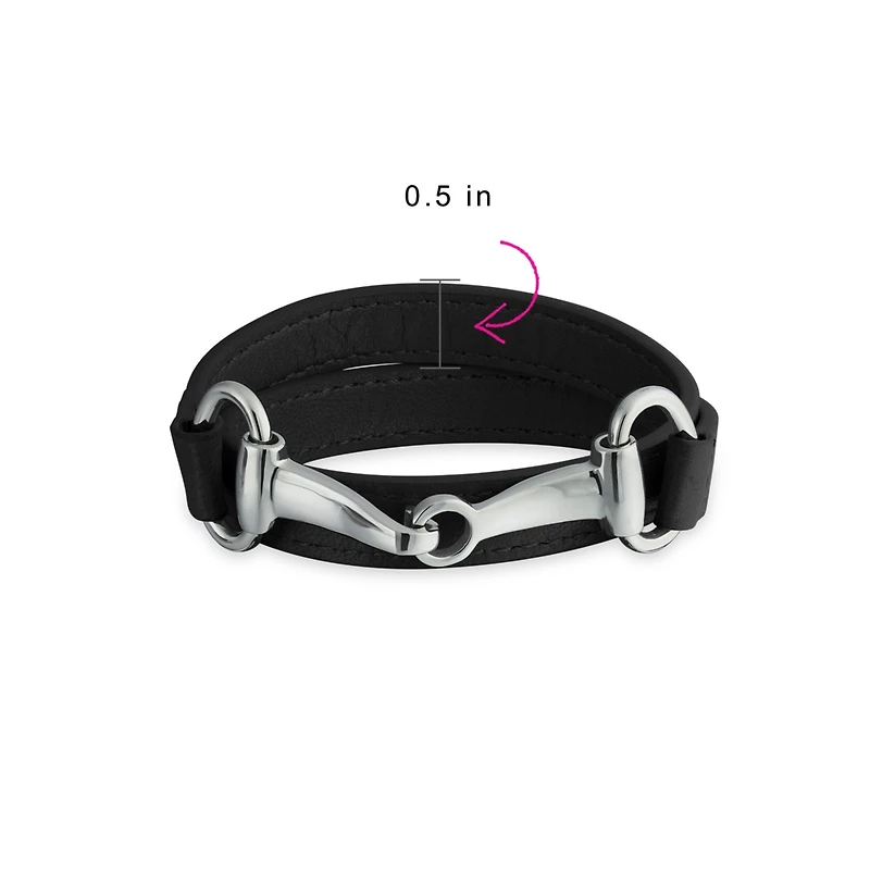 Bling Jewelry Fashion Leather Equestrian Snaffle Horse Bit Double Layer Wrap Bracelet Silver Tone Stainless Steel