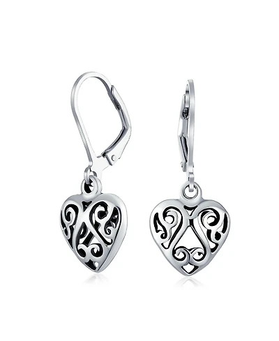 Bling Jewelry Open Filigree Heart Dangle Earrings Rose Gold Plated Sterling Silver Leverback
