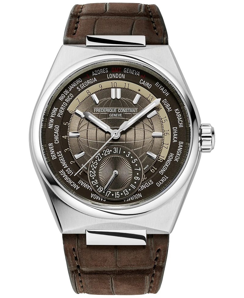 Frederique Constant Men's Swiss Automatic Highlife Worldtimer Manufacture Brown Leather Strap Watch 41mm