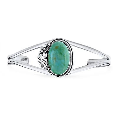 Bling Jewelry Nature Leaf Flowers Round Cabochon Statement Natural Turquoise Wide Cuff Bracelet Sterling Silver