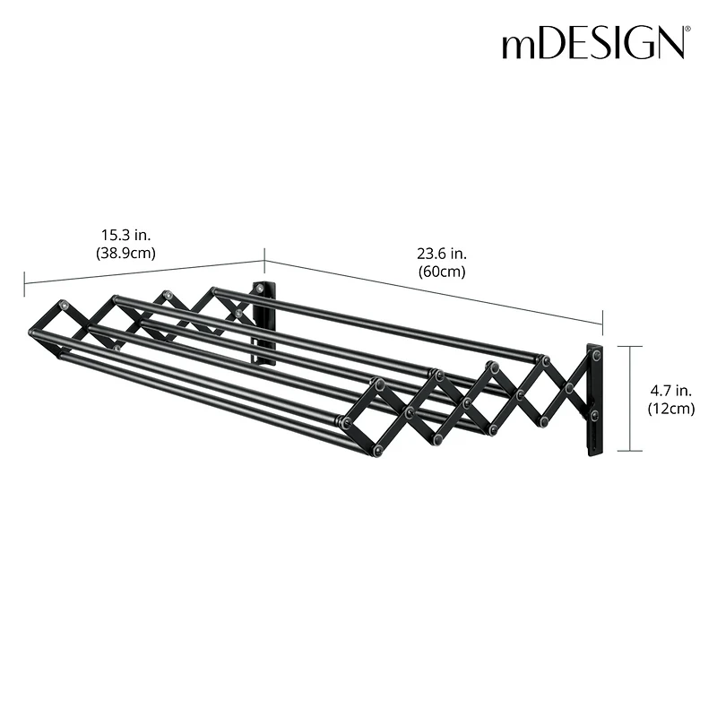 mDesign Steel Wall Mount Accordion Expandable Clothes Air Drying Rack - Black