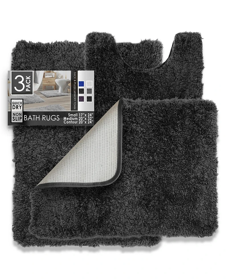 3 Piece Ultra Soft Non Slip Shaggy Bath Rug - Small, Medium & Contour
