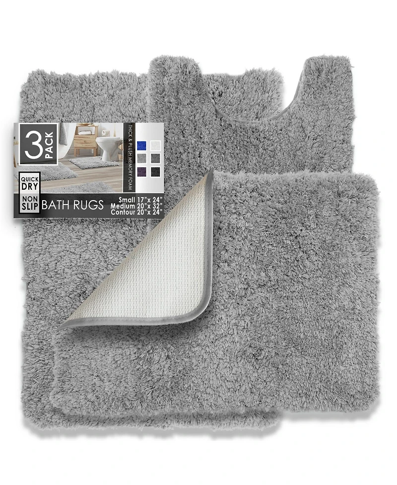 3 Piece Ultra Soft Non Slip Shaggy Bath Rug - Small, Medium & Contour