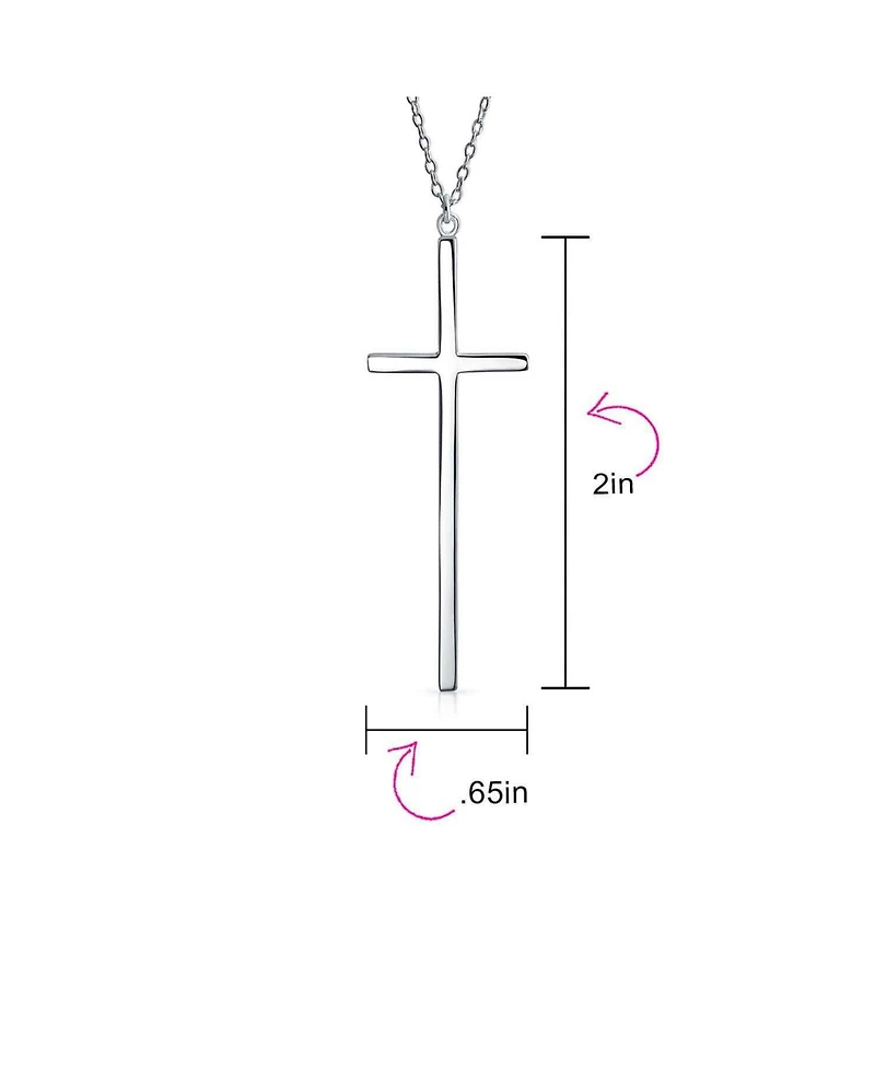 Bling Jewelry Modern Elongated Simple Basic Long Flat Thin Delicate Religious Latin Cross Pendant Necklace Rose Gold Plated .925 Sterling Silver