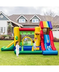 Costway Kids Colorful Rainbow Inflatable Bounce Castle with 50 Ocean Balls & 735W Blower