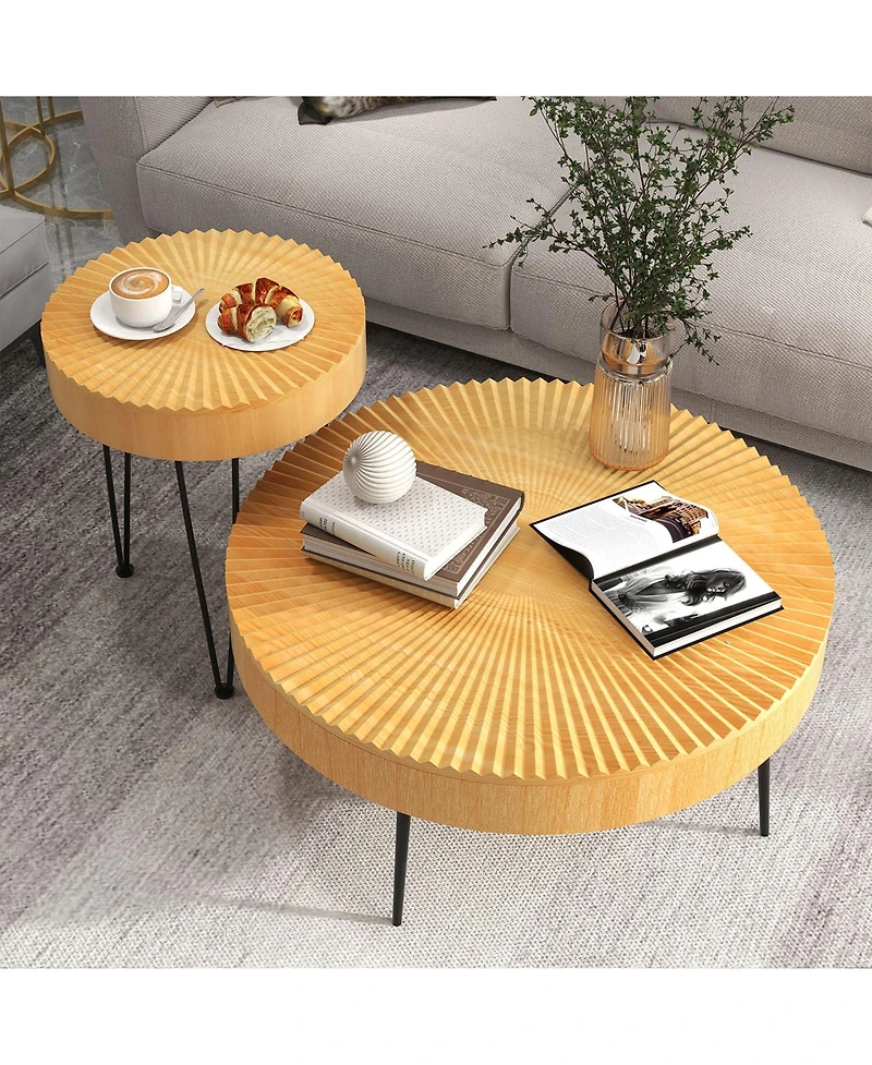 Costway Farmhouse Round Coffee Table Set of 2 End Table Natural Finish for Living Room
