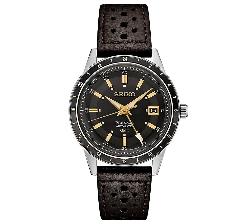 Seiko Men's Automatic Presage Gmt Brown Perforated Leather Strap Watch 41mm