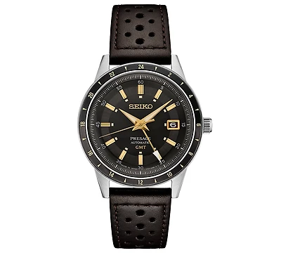 Seiko Men's Automatic Presage Gmt Brown Perforated Leather Strap Watch 41mm