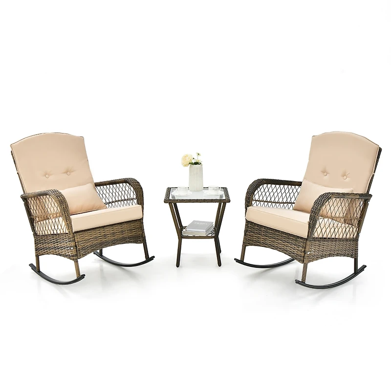 Costway Patio 3PCS Rocking Wicker Bistro Set 2 Rocker Chairs Tempered Glass Side Table