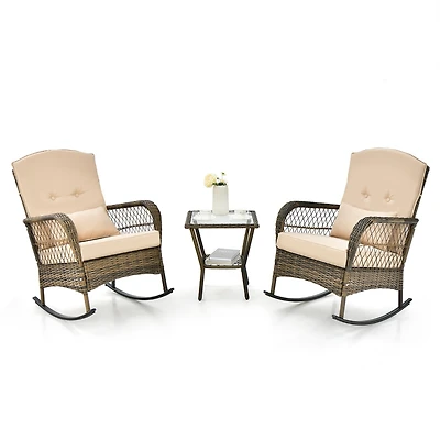 Costway Patio 3PCS Rocking Wicker Bistro Set 2 Rocker Chairs Tempered Glass Side Table