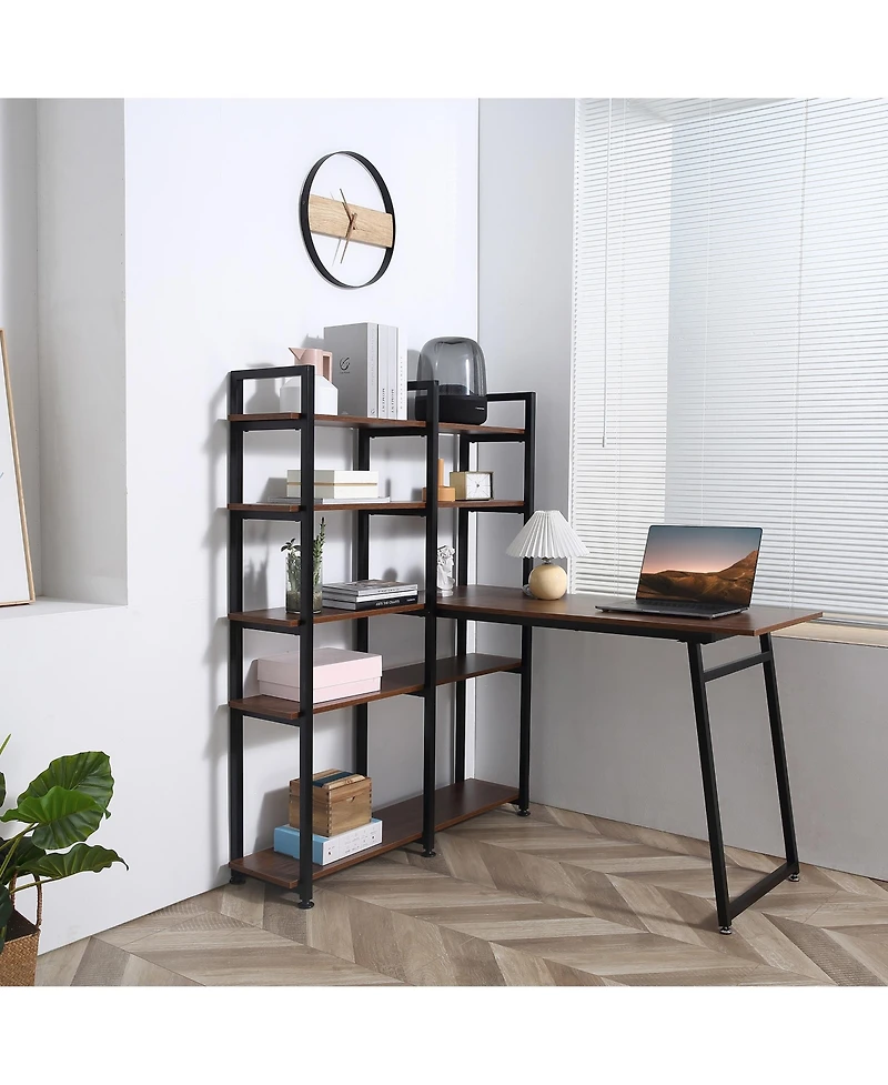 Homcom 5 Tier Versatile L-Shaped Computer Desk, Writing Table with Display Shelves and Metal Frame, Space-Saving for Study, Home Office, Walnut