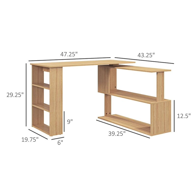 Homcom L Shaped Corner Desk, 360 Degree Rotating Home Office Desk with Storage Shelves, Writing Table Workstation, Maple