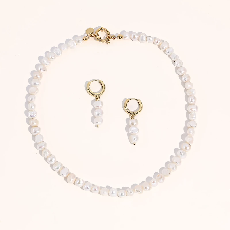 Joey Baby 18K Gold Plated Freshwater Pearls -Jackie Necklace & Jackie Earrings Set For Women