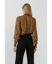 English Factory Women's Checker Blouse with Mock Neck