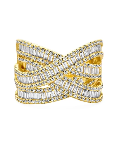 Bling Jewelry Pave Cz Crossover Criss Cross Costume Faux Stacking Wide Statement Cocktail 4 Row Baguette Multi Band Ring 14KGold Plated