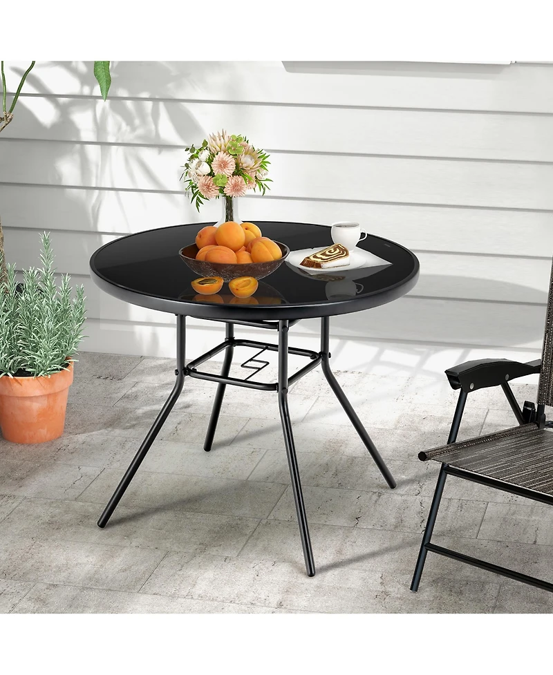 Costway 34 Inch Patio Dining Table Round Tempered Glass Tabletop with 1.5'' Umbrella Hole