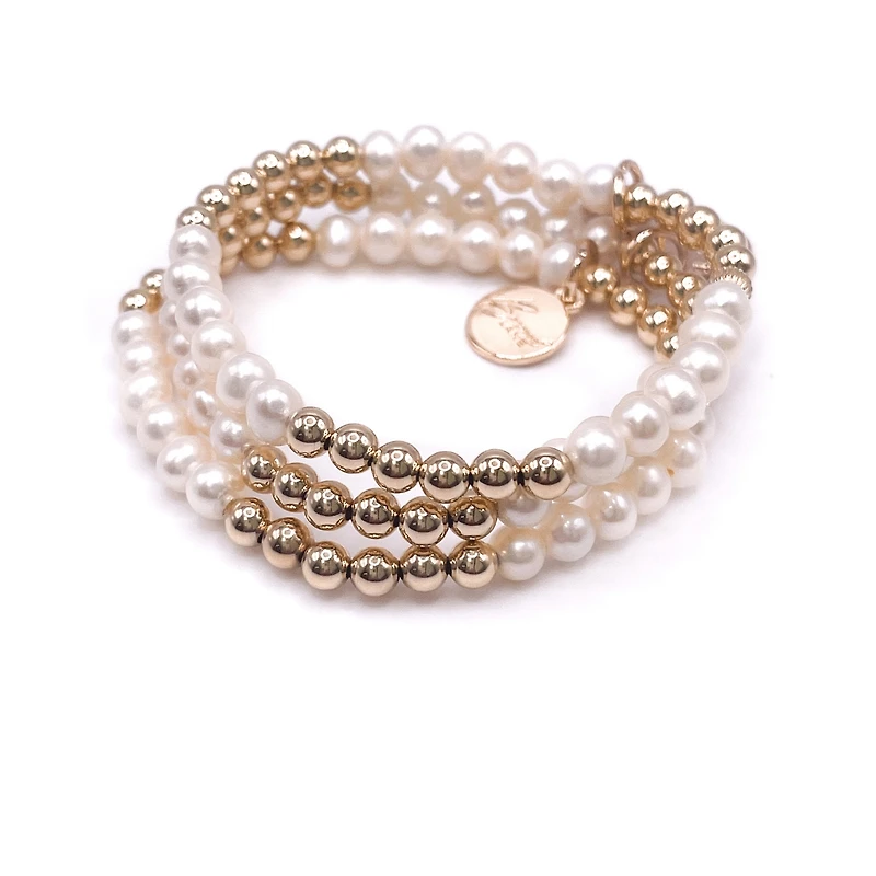 Bowood Lane Non-Tarnishing Gold filled, 5mm Gold Ball and Freshwater Pearl Stretch Bracelet