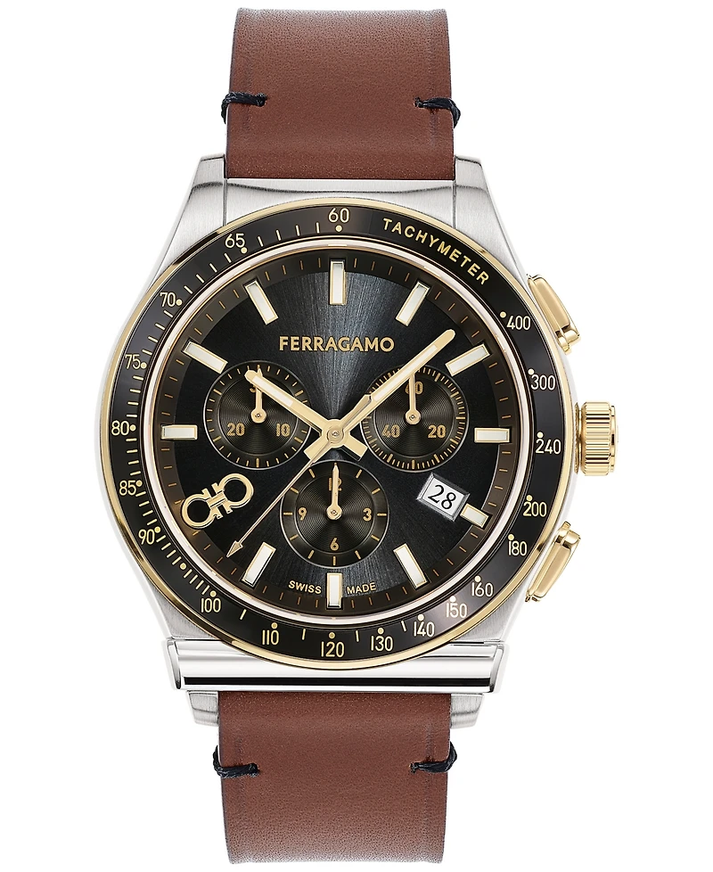 Salvatore Ferragamo Men's 1927 Swiss Chronograph Brown Leather Strap Watch 42mm