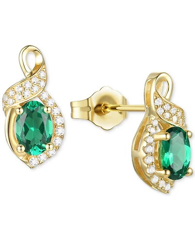 Lab-Grown Emerald (3/4 ct. t.w.) & Lab-Grown White Sapphire (1/6 ct. t.w.) Oval Swirl Stud Earrings in 14k Gold-Plated Sterling Silver