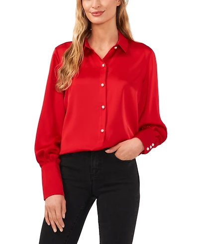 CeCe Women's Luxe Satin Imitation Pearl Button Down Blouse
