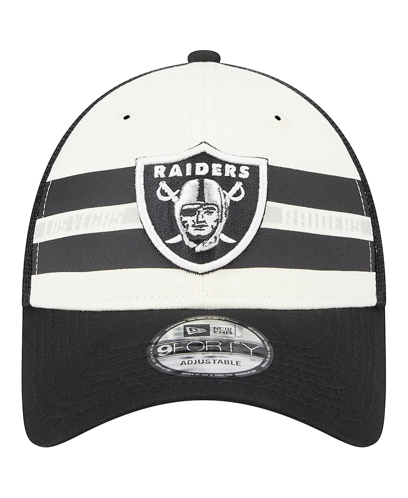 Men's New Era Cream, Black Las Vegas Raiders Team Stripe Trucker 9FORTY Snapback Hat