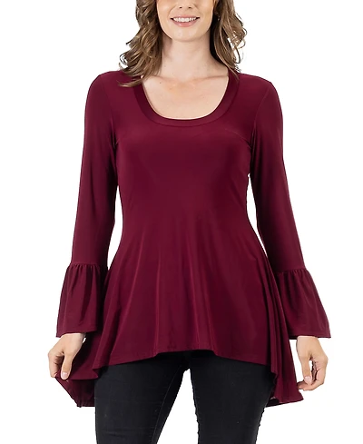 24seven Comfort Apparel Women's Long Bell Sleeve High Low Tunic Top