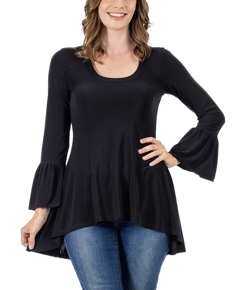 24seven Comfort Apparel Women's Long Bell Sleeve High Low Tunic Top