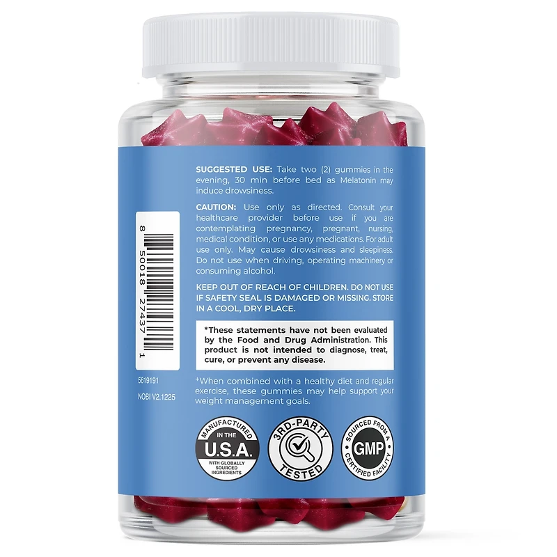 Night Time Fat Burner Gummies, Appetite Suppressant for Weight Loss Gummies, Nobi Nutrition, Raspberry 60ct