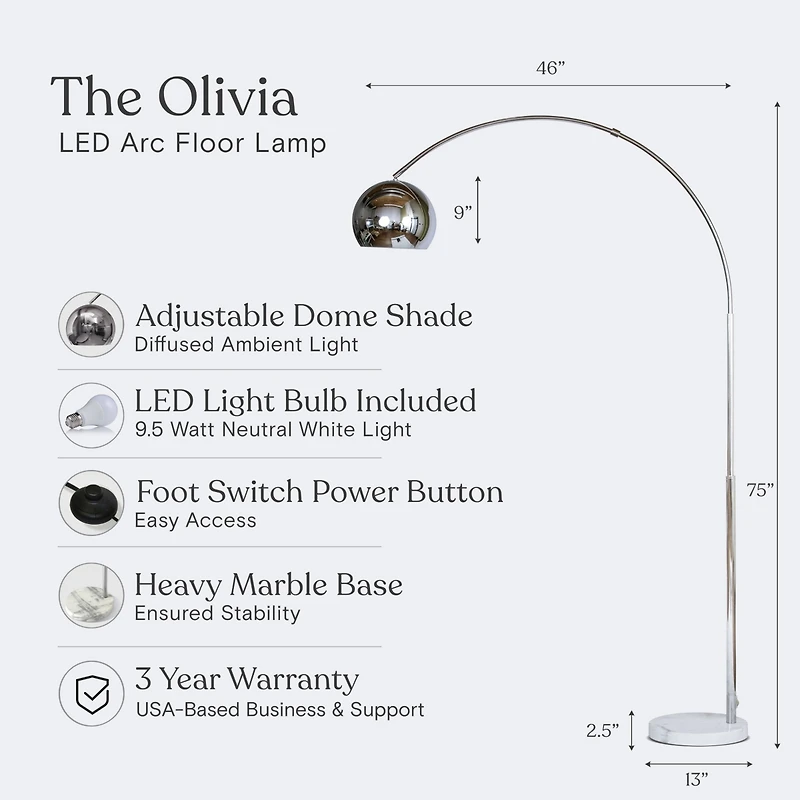 Olivia Led Contemporary Arc Floor Lamp with Heavy-Weighted Marble Base (75"), Bulb Included