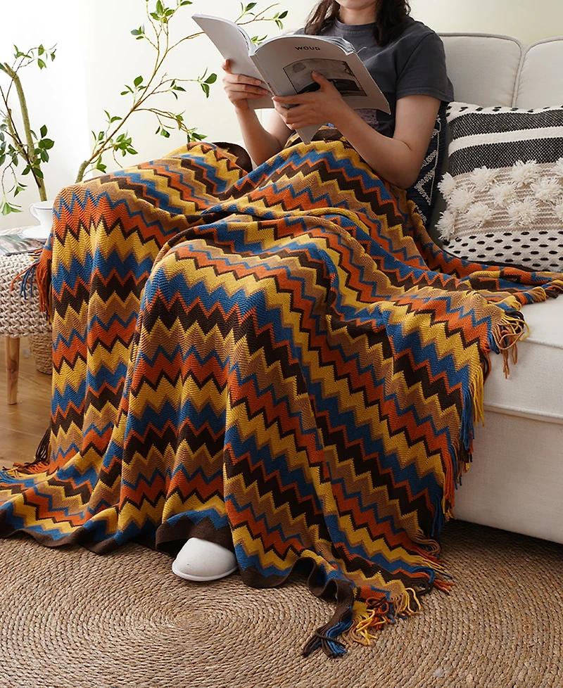 Battilo Lifestyle Colorful Chevron Bohemian Knit Throw, 51" x 80"