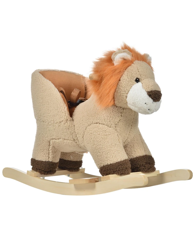 Qaba Baby Rocking Horse Lion with Sound, Plush Stuffed Rocking Animals, Wooden Rocking Horse with Seat Belt for 18-36 Months Boys and Girls Gift, Brow