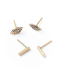 Matr Boomie Ruchi Evil Eye Tiny Bar Gold Stud Earrings Set of 2