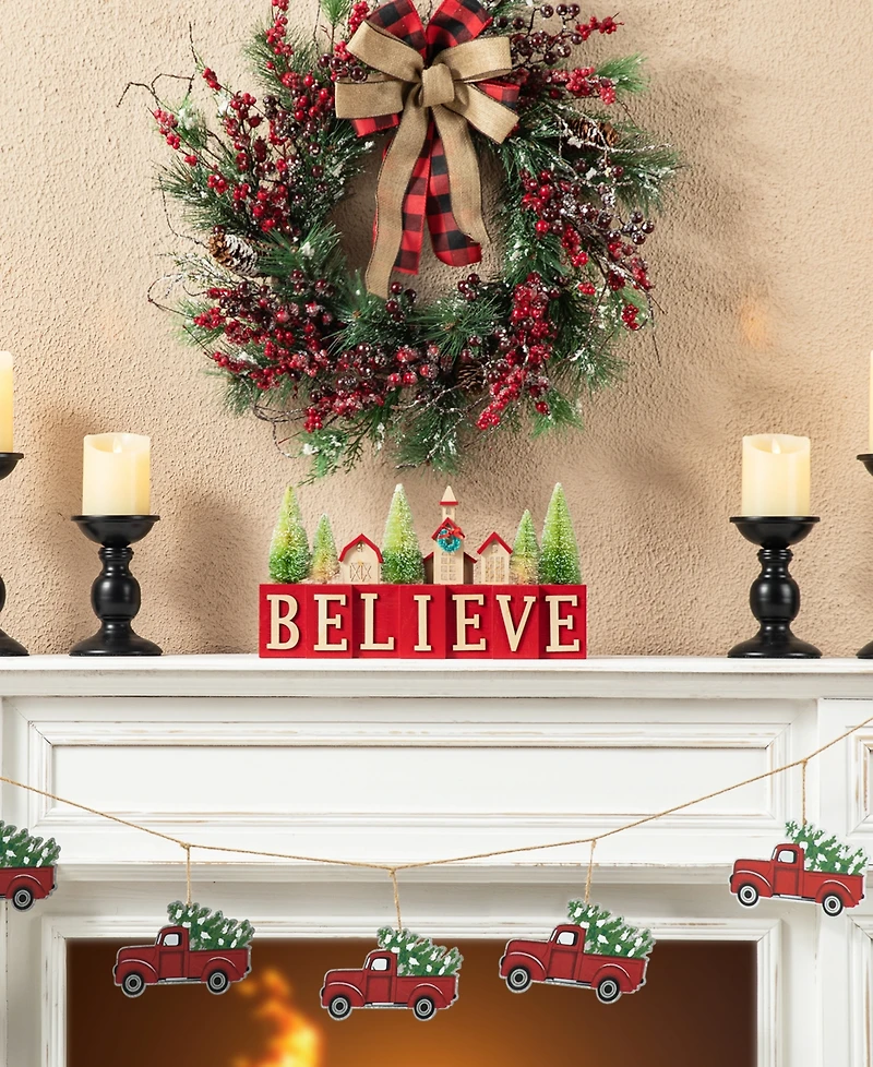 Glitzhome 14" L Christmas Wooden House or Brush Trees Table Decor