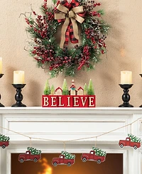 Glitzhome 14" L Christmas Wooden House or Brush Trees Table Decor