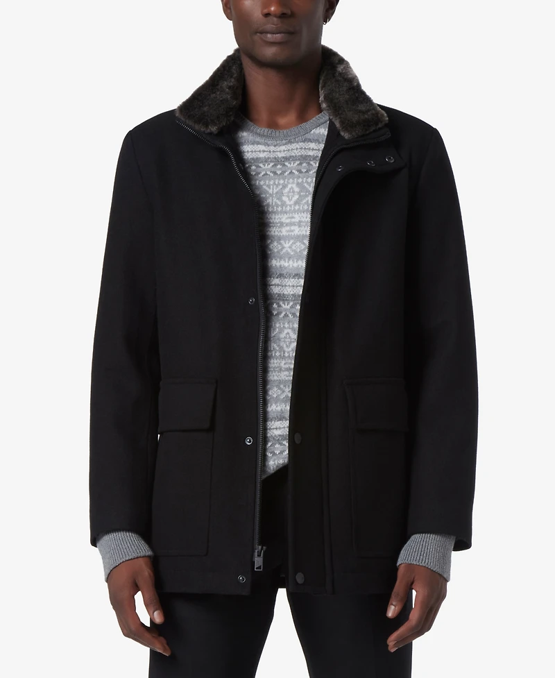 Marc New York Men's Brooks Melton Wool Car Coat with Faux Fur Collar