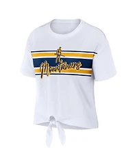 Women's Wear by Erin Andrews White West Virginia Mountaineers Striped Front Knot Cropped T-shirt