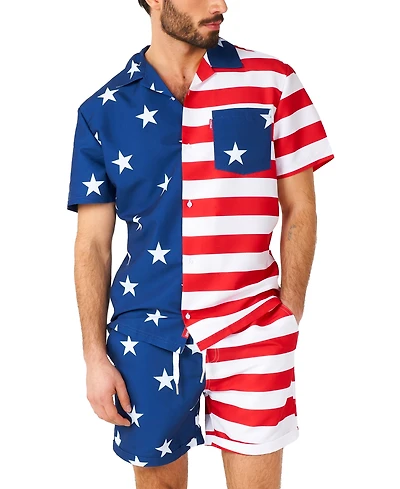 OppoSuits Men's Hawaiian 2 Piece Set - Usa Flag Beach Swim Wear Slim Fit Includes Short Sleeve Button Up Shirt and Shorts