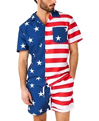 OppoSuits Men's Hawaiian 2 Piece Set - Usa Flag Beach Swim Wear Slim Fit Includes Short Sleeve Button Up Shirt and Shorts