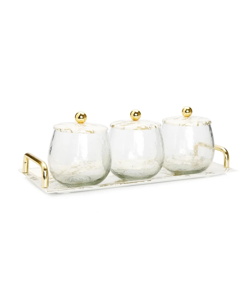 Gold-Tone Marble 3 Bowl Serving Dish with Gold-Tone Ball Design, Set of 4