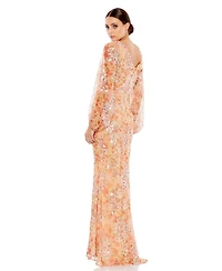 Mac Duggal Women's Floral Print Sequined Puff Sleeve Gown