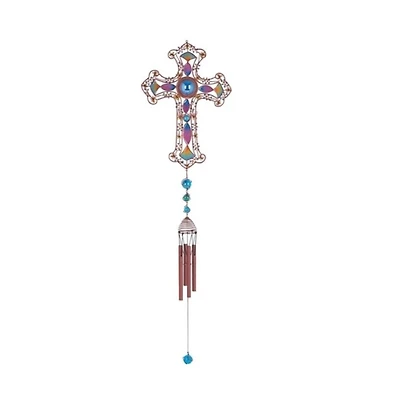 35" Long Purple Cross Wind Chime with Copper Gem