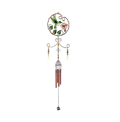 33" Long Green Hummingbird with Pink Flower Copper and Gem Wind Chime