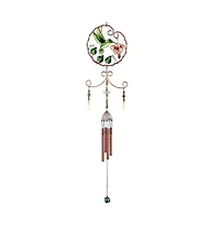 33" Long Green Hummingbird with Pink Flower Copper and Gem Wind Chime