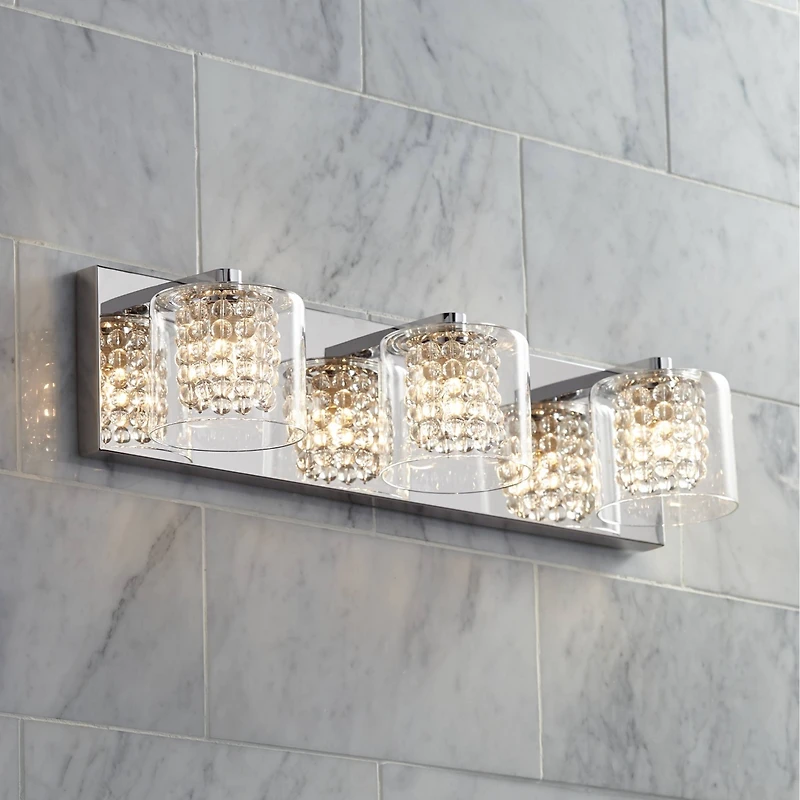 Coco Modern Wall Mount Light Chrome Silver Metal Hardwired 20.5" Wide 3-Light Fixture Clear Glass Shade Crystal Accents for Bathroom Vanity Mirro
