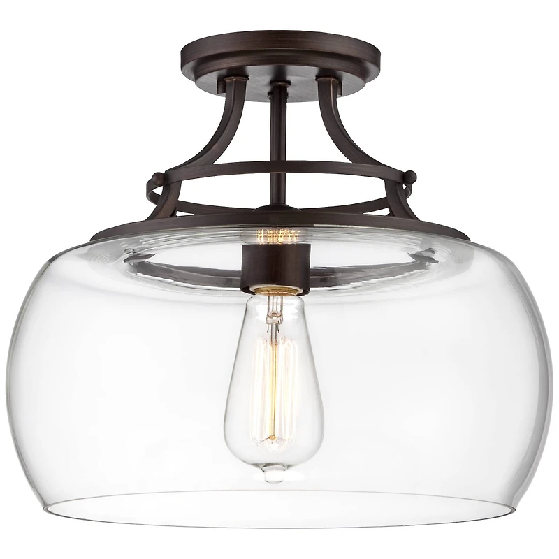 Franklin Iron Works Charleston Industrial Rustic Farmhouse Ceiling Light Semi Flush-Mount Fixture 13.5" Wide Bronze Led Clear Glass Shade for Bedroom
