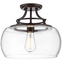 Franklin Iron Works Charleston Industrial Rustic Farmhouse Ceiling Light Semi Flush-Mount Fixture 13.5" Wide Bronze Led Clear Glass Shade for Bedroom